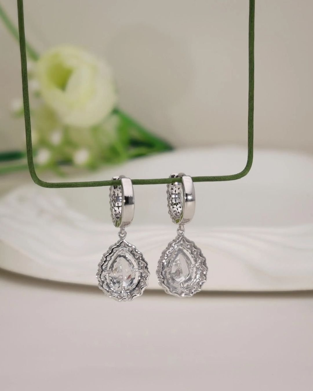 Pear Halo Drop Earrings - Image 3
